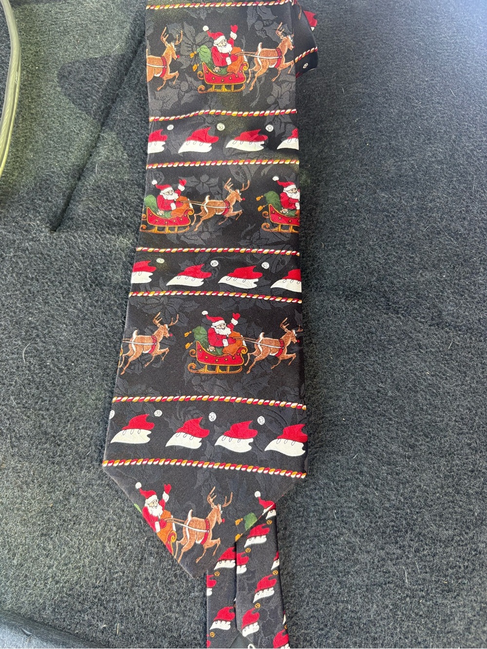 Black Santa & Reindeer Holiday Tie with Red Accents